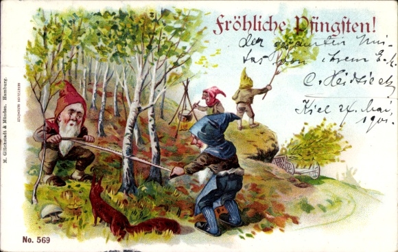 Chromo-Litho Congratulations Pentecost, dwarves, lumberjack, saw, squirrel