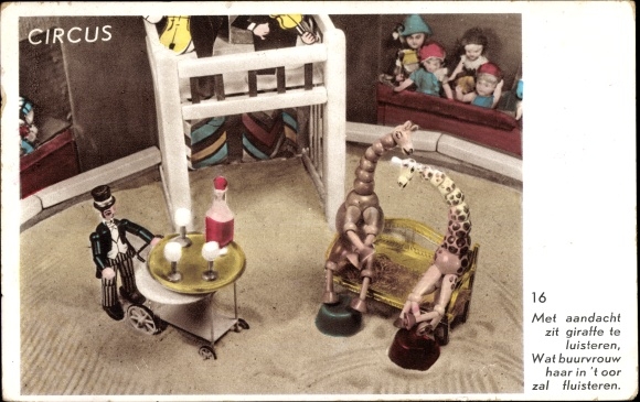 Postcard circus, arena, wooden figures, giraffe, waiter