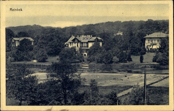 Postcard Reinbek in Schleswig Holstein, view over meadows and a river to the town, Rembrandt series
