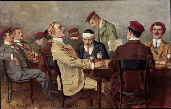 Studentika artists Postcard Mühlberg, students sit at a table, sing and drink beer