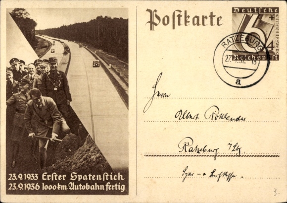 Ganzsachen Ak Adolf Hitler, Bau der Reichs-Autobahn, Erster Spatenstich 23.9.1933