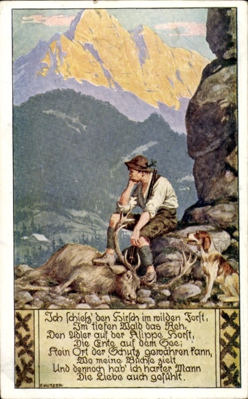 Song Artist Postcard Kutzer, Ernst, I shoot the deer in the wild forest, folk song card No. 9
