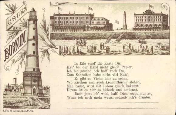 Chromo-Litho North Sea resort Borkum in East Frisia, lighthouse, hotels, poem