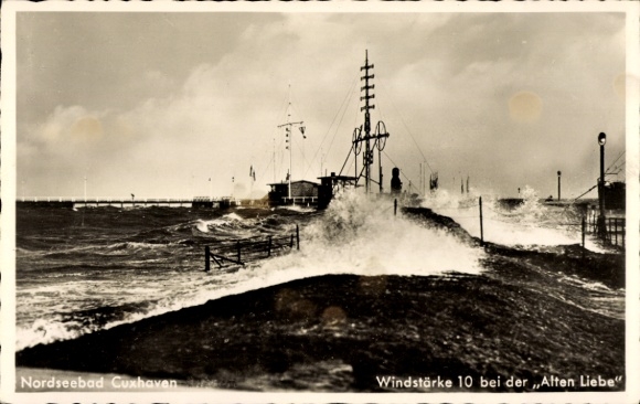 Postcard North Sea resort Cuxhaven, wind force 10, Alte Liebe