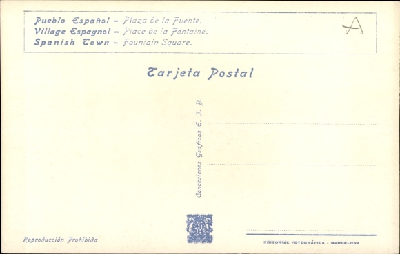 Postcard Exposicion Internacional de Barcelona 1929, Plaza de la Fuente, Pueblo Espagnol