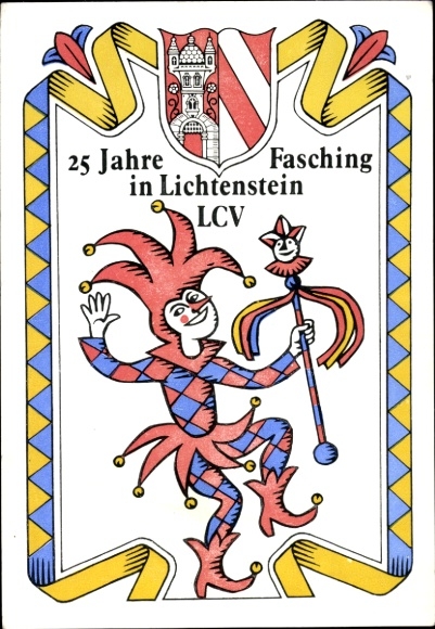 Coat of arms Postcard Lichtenstein in Saxony, 25 years of carnival LCV, Harlequin