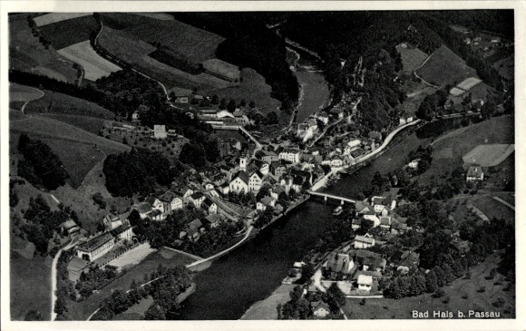 Postcard Hals Passau in Lower Bavaria, aerial view of a town, river, houses, bridge