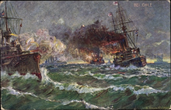 Artist PC Krause Wichmann, German warship, naval battle on the Chilean coast