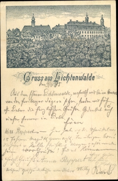 Vorläufer Litho Lichtenwalde Niederwiesa in Sachsen, Schloss, Totalansicht, Bäume
