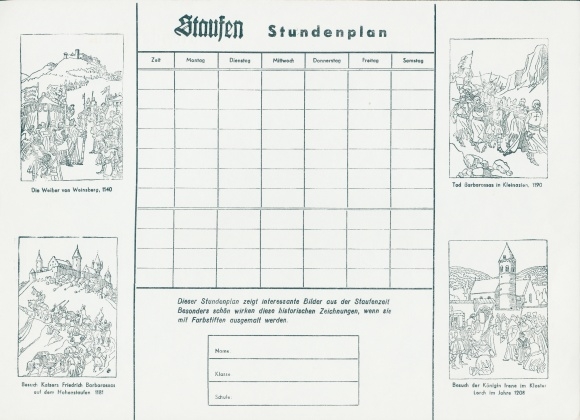 Timetable with historical drawings from the Staufer period