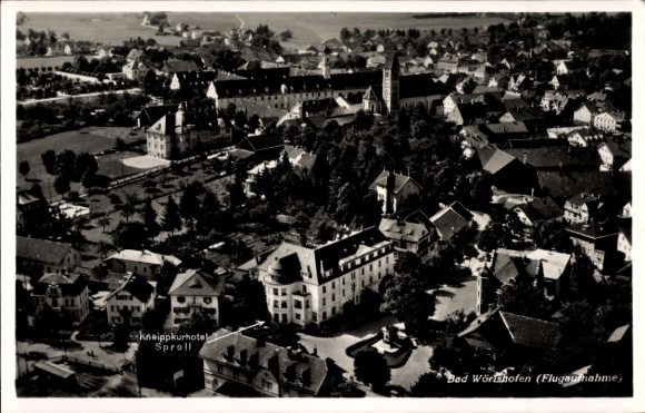 Postcard Bad Wörishofen in Unterallgäu, aerial photograph, Kneippkurhotel Sproll