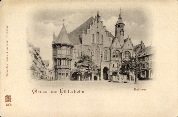 Postcard Hildesheim in Lower Saxony, town hall, architecture, black and white,