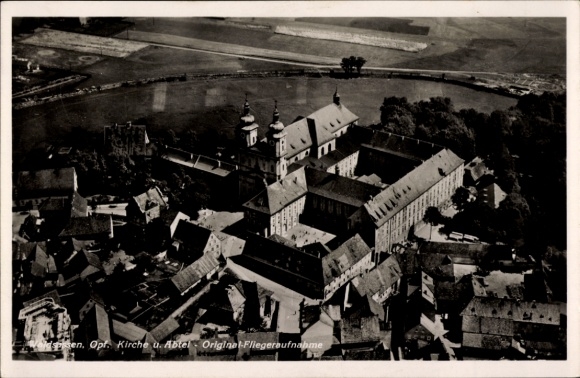 Postcard Waldsassen in the Upper Palatinate, aerial view of the abbey and church