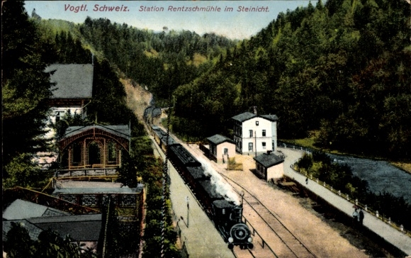 Postcard Rentzschmühle Pöhl im Vogtland, train station, Steinicht, railway