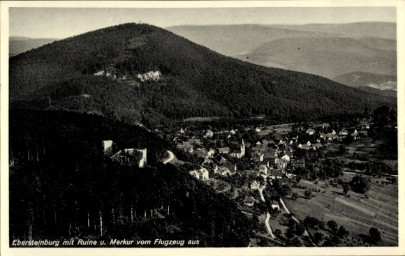 Postcard Ebersteinburg Baden Baden am Schwarzwald, aerial view of ruins, Merkur, landscape