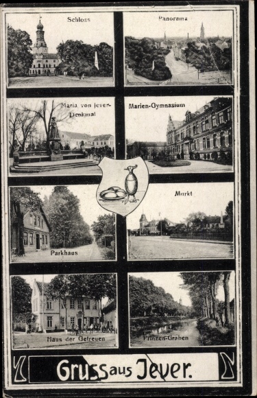 Postcard Jever in Friesland, castle, multi-storey car park, house of the faithful, prince's ditch, Marien-Gymnasium