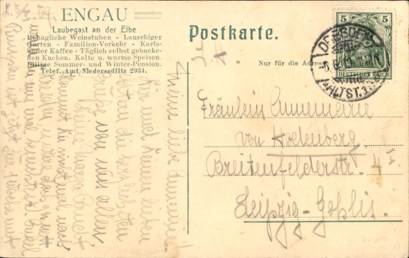 Postcard Dresden Ost Laubegast, street with view to the wine bar Engau, man at the fence