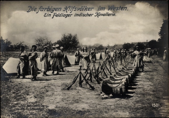 Postcard Coloured Auxiliary Peoples in the West, Indian Cavalry Camp, World War I