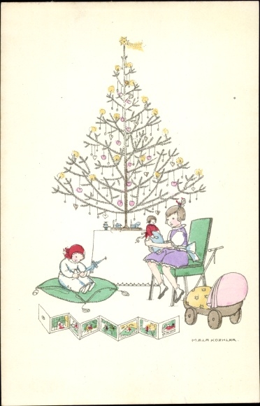 Artist PC Köhler, Mela, Merry Christmas, Christmas tree, children with dolls