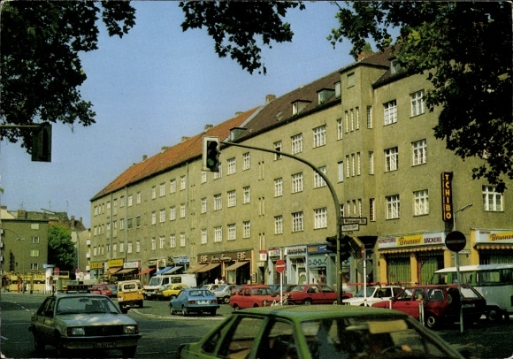 Postcard Berlin Steglitz, city view, Steglitzer Damm, shops, residential buildings, cars