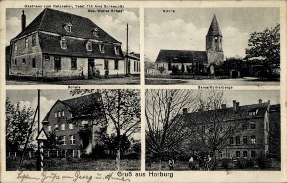 Ak Horburg Maßlau Leuna an der Saale, Gasthaus zum Ratskeller, Kirche, Samariterherberge, Schule
