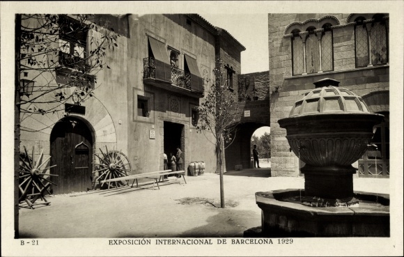 Postcard Exposicion Internacional de Barcelona 1929, Plaza de la Fuente, Pueblo Espagnol
