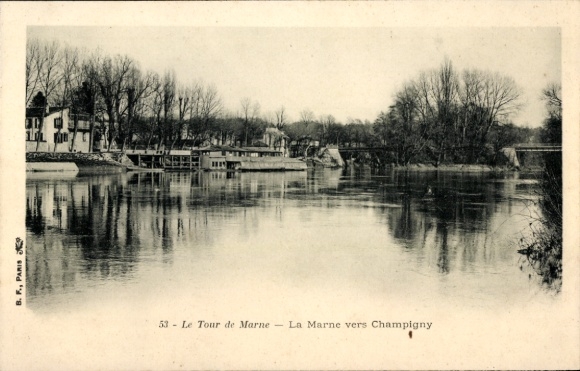 Ak Champigny sur Marne Val de Marne, Flussansicht, Häuser am Wasser, ruhige Szene, Bäume