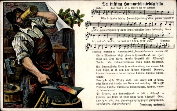 Song Postcard Vogel, Wilhelm, Since lusting Hammrschmiedsgselln, blacksmith drinks beer
