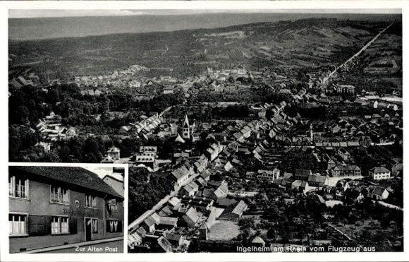 Postcard Ingelheim am Rhein, aerial view of Ingelheim, Gasthaus Zur Alten Post, restaurant