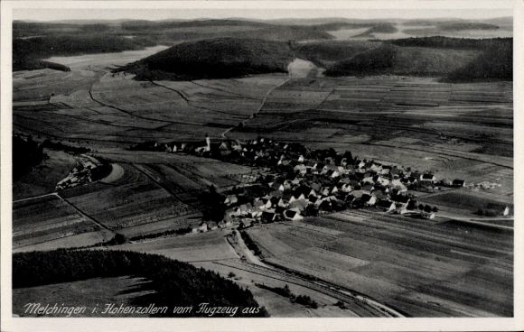 Postcard Melchingen Burladingen in the Swabian Alb, aerial view of Hohenzollern, rural land