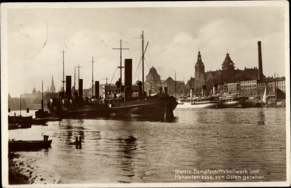 Ansichtkaart Szczecin Stettin Pommeren, stoomschipbolwerk, haakterras, badplaatsstoomboot in de haven
