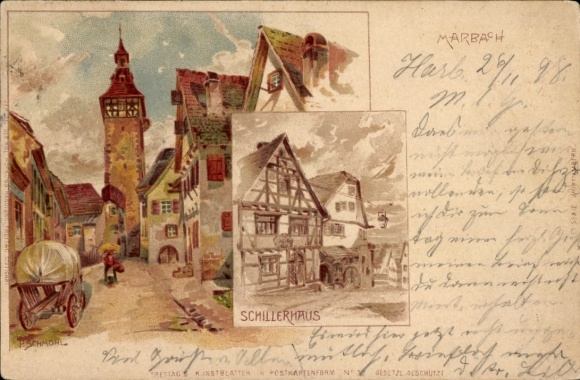 Artist Chromo-Litho Schmohl, P., Marbach in Baden Württemberg, Street, Schillerhaus