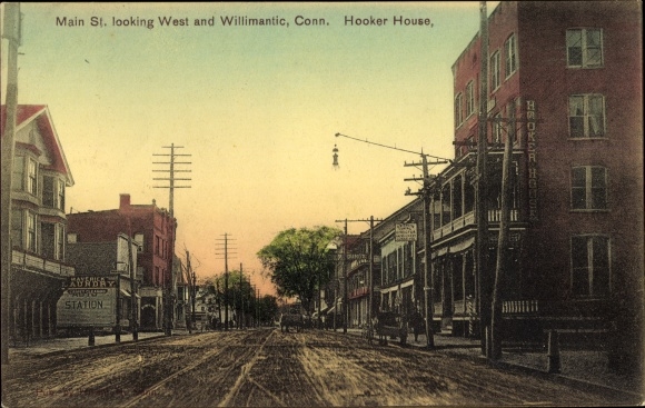 Ak Willimantic Connecticut USA, Main Street naar het westen, Hooker House