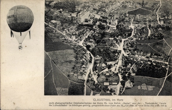 Postcard Clausthal in the Harz Mountains, aerial photography, balloon glider