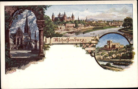 Chromo-Litho Aschaffenburg in Lower Franconia Bavaria, church, general view