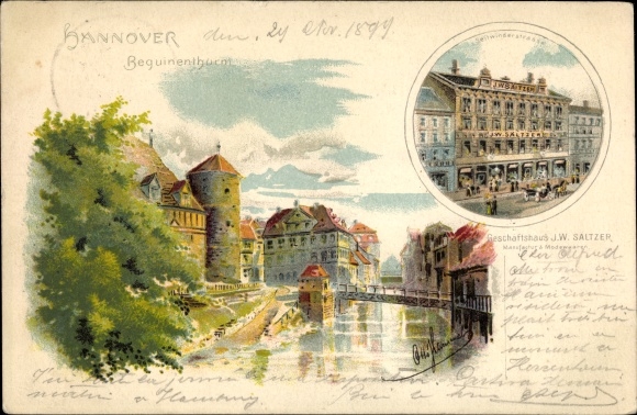 Kunstenaar litho Hammel, Otto, Hannover in Nedersaksen, Beguinenturm, Leinebrug, bedrijfsgebouw