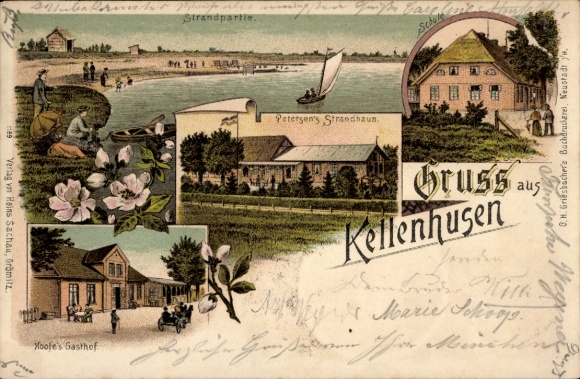 Litho Ostseebad Kellenhusen in Holstein, Stadtpark, Strandpartie, Schule, Petersens Strandhaus