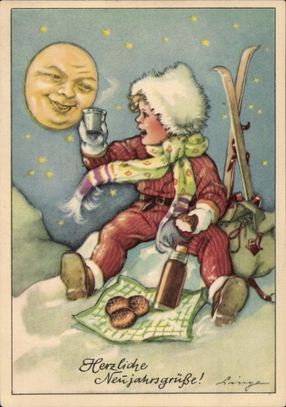 Happy New Year, boy with hot tea, moon, ski