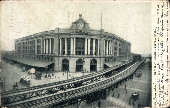Ak Boston Massachusetts USA, New South Station, treinrails, stationsklok
