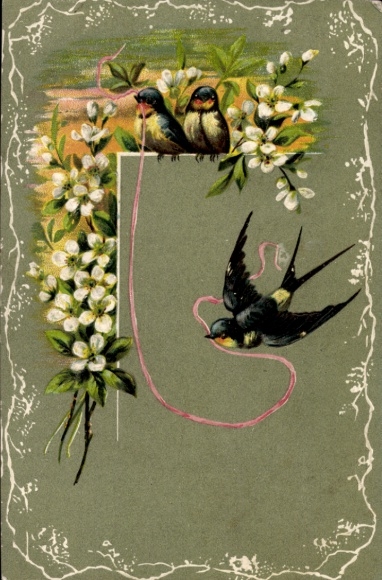 Chromo-Litho Swallows, Flowers