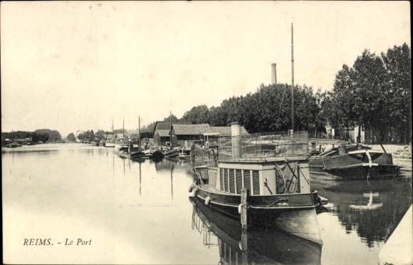 Ak Reims Marne, Hafenansicht, Boote, Bäume, Wasser, ruhige Szenerie