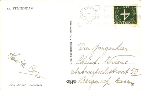 Postcard Steamer SS Statendam, Holland America Line HAL, In Operation