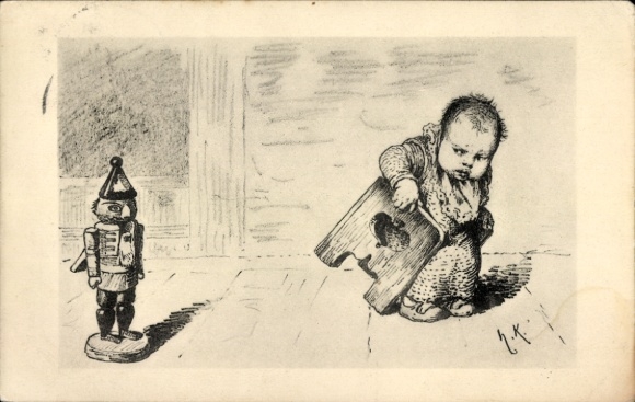 Artist Postcard Kaulbach, Hermann, Suspicious Neighbor, Nutcracker