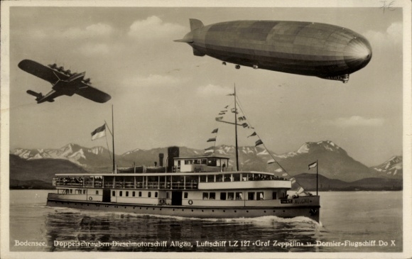 KP Bodensee, dwuślimakowy statek motorowy z silnikiem wysokoprężnym Allgäu, sterowiec LZ 127 Graf Zeppelin, Dornier Do X