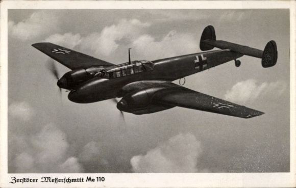 Postcard German Air Force, destroyer Messerschmitt Me 110, fighter aircraft