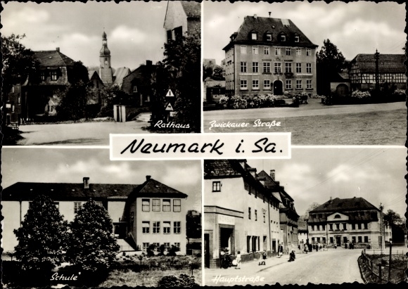 Postcard Neumark in Sachsen, town hall, Zwickauer Strasse, school, main street