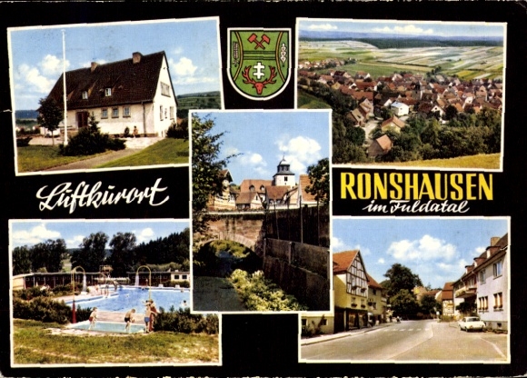 Postcard Ronshausen in Hessen, panorama, outdoor pool, bridge, coat of arms, street, building