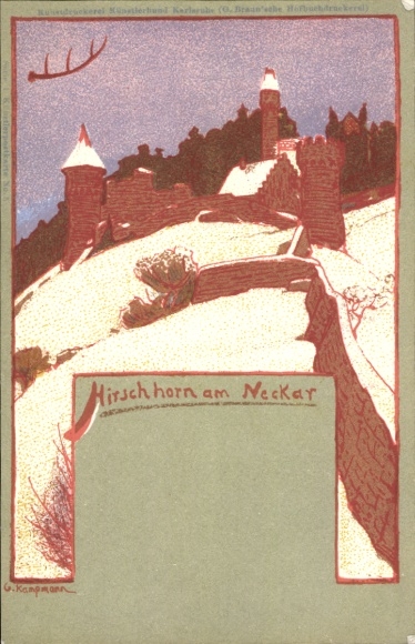 Künstler Litho Kampmann, G., Hirschhorn am Neckar Hessen, Burg im Winter, Hirschgeweih