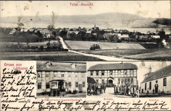 KP Lüthorst Dassel w Dolnej Saksonii, zajazd, kościół, szkoła, widok całości