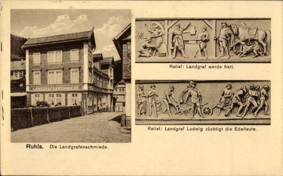 Ak Ruhla in Thüringen, Landgrafenschmiede, Reliefs von Landgraf inszeniert,  Darstellung